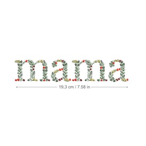Desenho de bordado à máquina MAMA em letras botânicas GRANDE ARO Folhas delicadas Heirloom Stickdatei Broderie machine Ricamo macchina