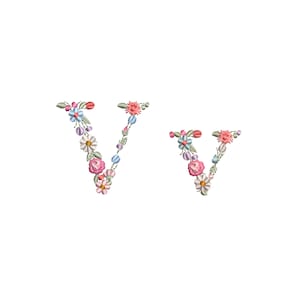 Machine embroidery design Small floral letter V uppercase and lowercase Dainty flower font  Flower heirloom monogram  Letter V with flowers