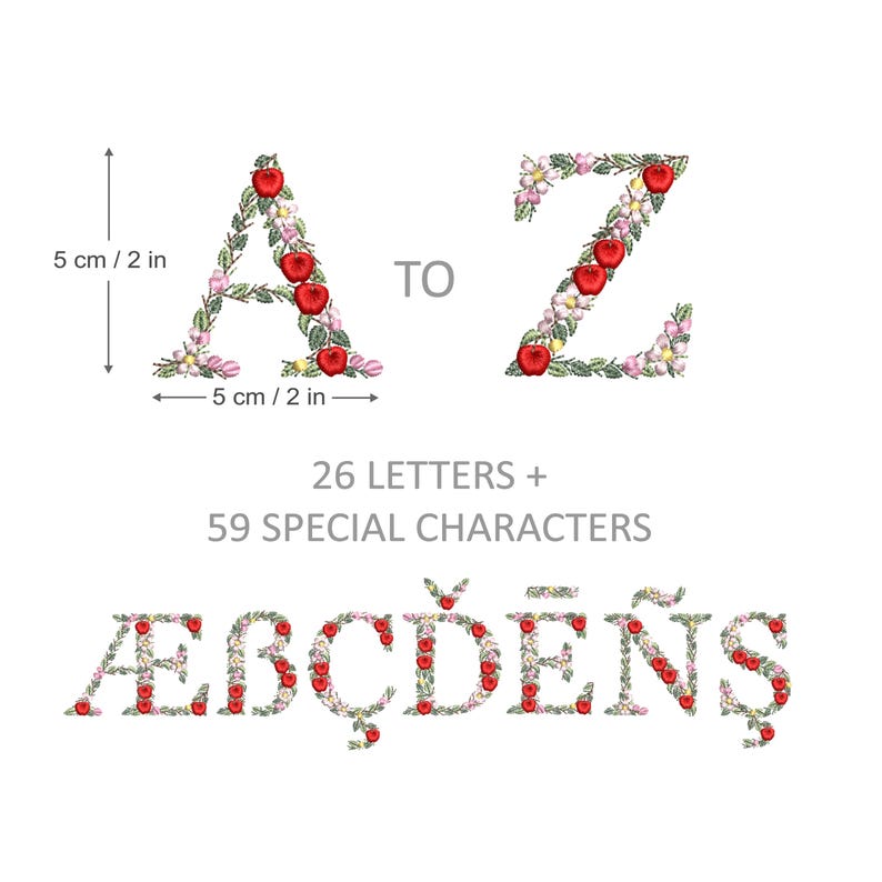Puede incluir: Letras del alfabeto de la A a la Z hechas de hojas verdes y manzanas rojas. Las letras miden 5 cm de alto. El texto "26 LETRAS + 59 CARACTERES ESPECIALES" est&aacute; debajo de las letras. Las letras &AElig;B&Ccedil;DĒ&Ntilde;Ş se muestran debajo del texto.