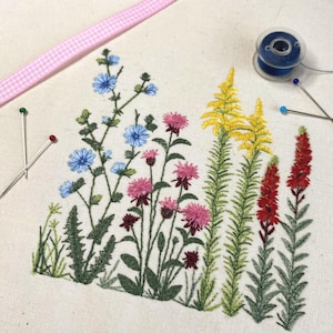 Haft maszynowy 4x4" Meadow Wildflower Border 10 x 10 cm Chicory Beebalm Goldenrod Cardinal Dainty Wildblumen Stickdatei Broderie fleurs
