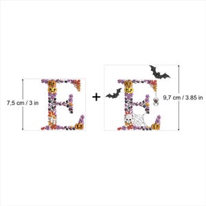 May include: Two Halloween-themed letter "E" designs. One is 3 inches tall, the other is 3.85 inches tall. Both feature floral arrangements with pumpkins, leaves, and the letter "E". The second design includes bats, a spider, a skull, and a spiderweb.