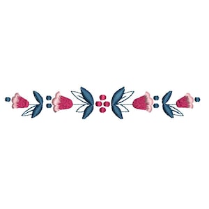 May include: A blue and pink floral embroidery design with small flowers and leaves.