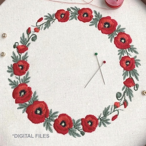 Ricamo a macchina di una corona di papaveri, 3 misure, Giorno della Memoria, Mohnblumen Stickdatei broderie coquelicots ricamo papavero pes jef dst hus