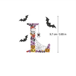 Bordado à máquina Halloween Letra L morcegos e caveiras 4x4 arco botânico Outono Assustador Outono abóbora vela Ricamo Broderie Stickdatei