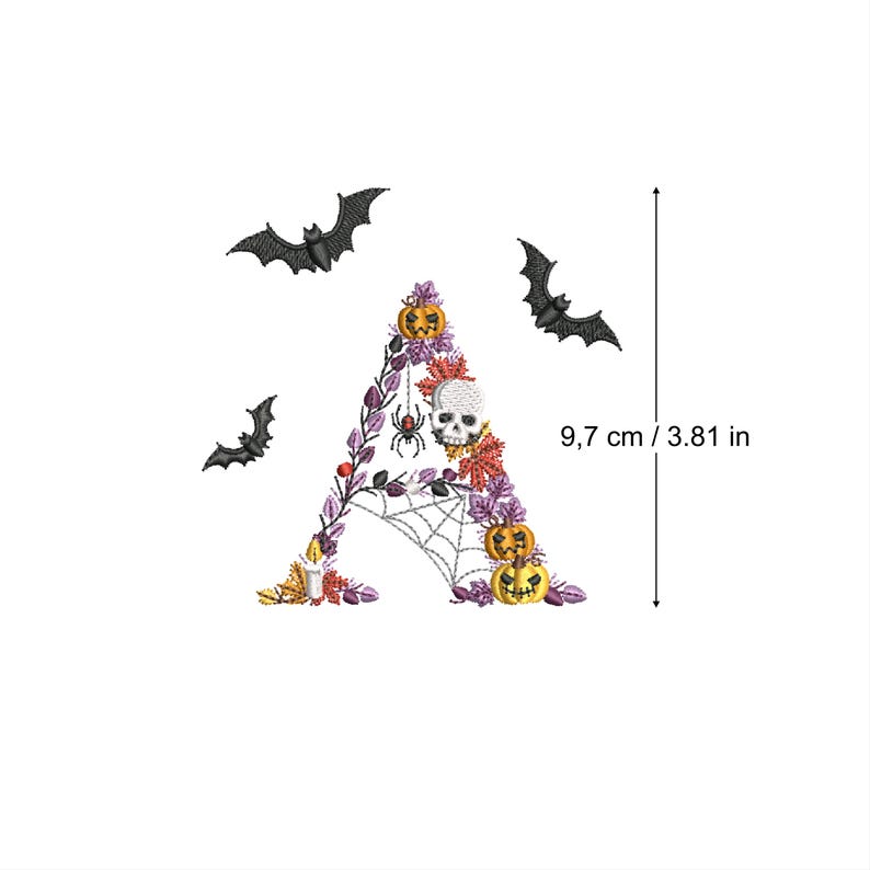 Machine Embroidery Halloween Letter A Bats and Skulls 4x4 Hoop