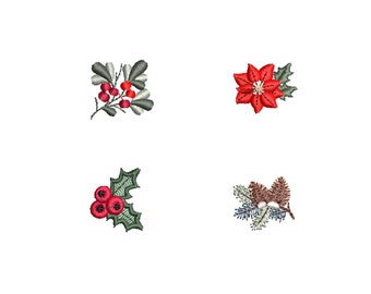 Mini Christmas Botanical Embroidery Designs 1"  Yule New Year Broderie Noël Weihnachten Stickdatei Ricamo Natale Poinsettia Pine cone Holly