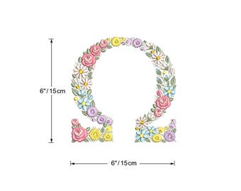 Machinaal borduurwerk Ω Omega Hoofdletter Griekse letter 15 cm/6" hoog sierlijk bloemenmotief sierlijk studentenverenigingsmonogram Broderie Stickdatei Ricamo macchina