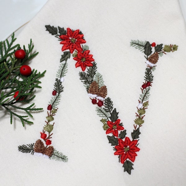 Machine embroidery Christmas Letter N 4x4 hoop Xmas Festive Monogram Broderie Noël Weihnachten Stickdatei Ricamo Natale Poinsettia Pine cone