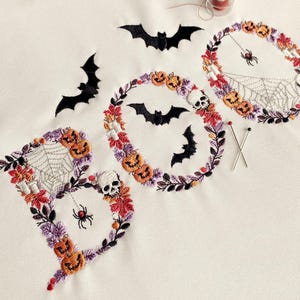 BOO 23cm Machine embroidery design 10" HOOP Dainty Spooky Halloween letters bat skull pumpkin spider Stickdatei Broderie Ricamo macchina