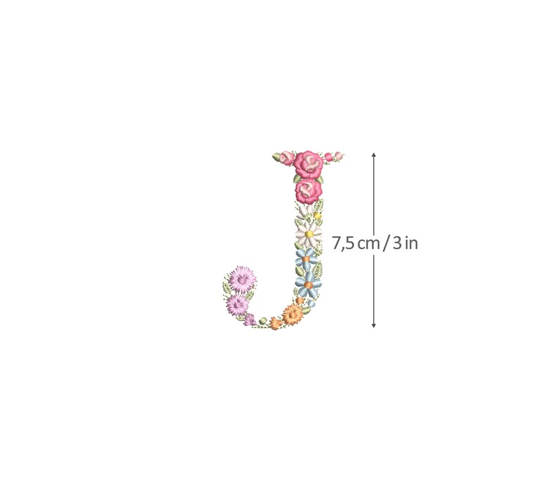 May include: A floral embroidered letter J, approximately 7.5 cm tall, with pink, white, blue, and orange flowers.