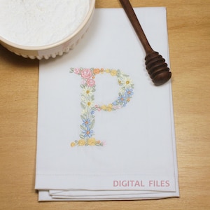 Diseño de bordado a máquina letra P 9,7 cm de alto Bordado digital monograma floral Letras de flores matriz de bordado