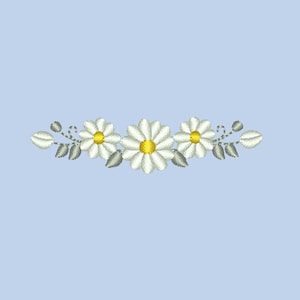 May include: A white daisy flower embroidery design with yellow centers and green leaves. The design is perfect for adding a touch of nature to any project.