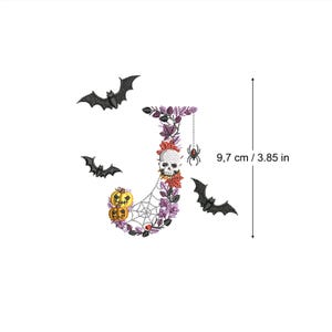 Machine embroidery Halloween Letter J bats and skulls 4x4 hoop botanical Autumn Spooky Fall pumpkin candle Ricamo Broderie Stickdatei