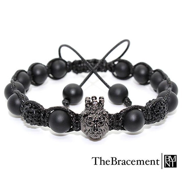 8mm Natural Frosted Black Agate Beaded Macrame Bracelet w/ Black Polymer Clay Rhinestones and Crowned Lion Head Micro Pave CZ Bead