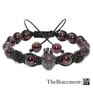 Handmade Crowned Lion Macrame Beaded Bracelet - 8mm Red Garnet Gemstones - Black Polymer Clay Rhinestones - Lion Micro Pave CZ Bead