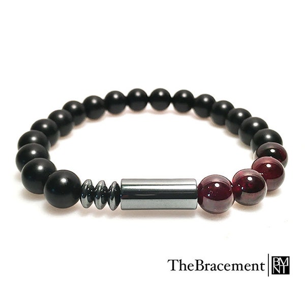 Handmade Black Agate & Red Garnet Bracelet – Gunmetal Accent