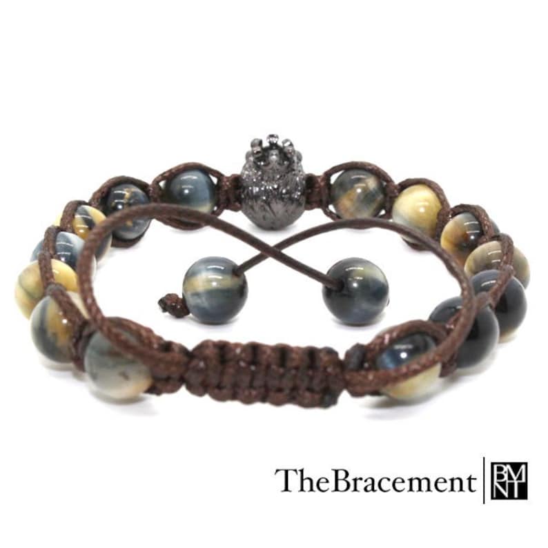8mm Yellow Blue Tiger Eye Beaded Macrame Bracelet with A Crowned Lion Head Micro Pave CZ Bead