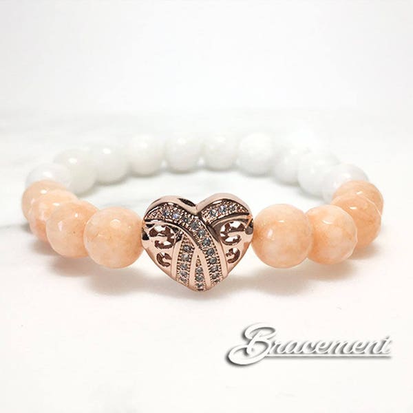 8mm Round Natural Malaysia White Jade and Faceted Coral Beaded Stretch Bracelet with Micro Pave Rose Gold Heart