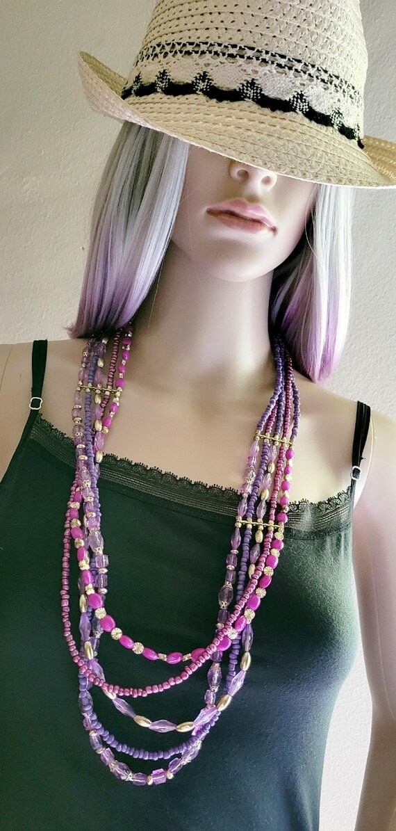 Vintage Multi Strand Beaded Necklace, Purple Neck… - image 9