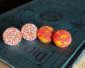 Set of Bohemian Earrings, Fabric Earrings, Bohemian Earrings, Fall Earrings, Orange Flower Earrings, Whimsical Earrings, Swirl Earrings