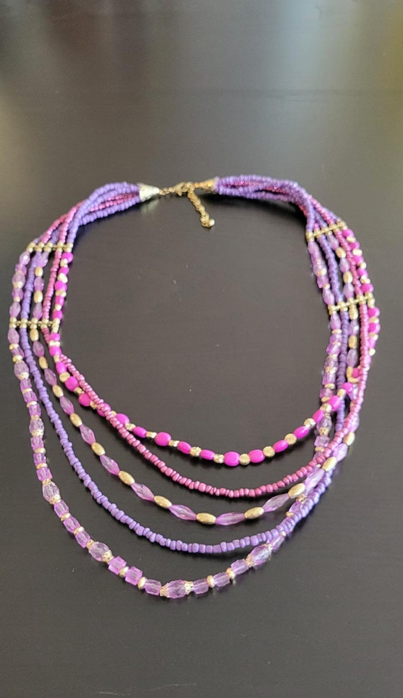 Vintage Multi Strand Beaded Necklace, Purple Neck… - image 6