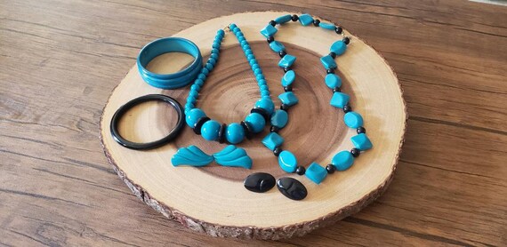 Vintage Teal and Black Jewelry Set, Vintage Jewel… - image 1