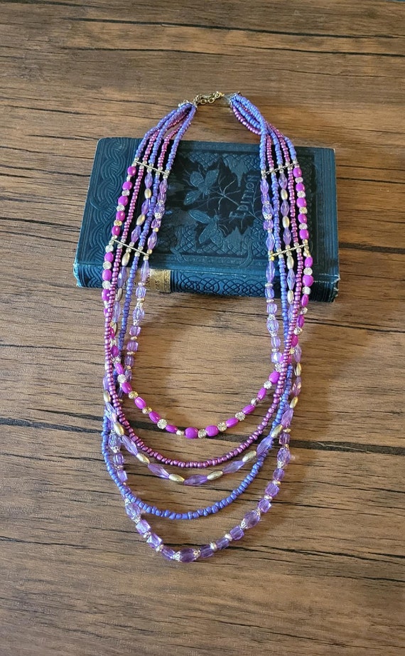 Vintage Multi Strand Beaded Necklace, Purple Neck… - image 7