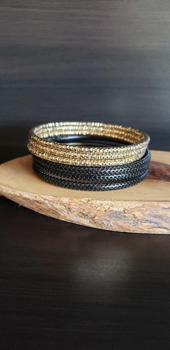 Vintage Black and Gold Bangle Stack, Bangle Stack,