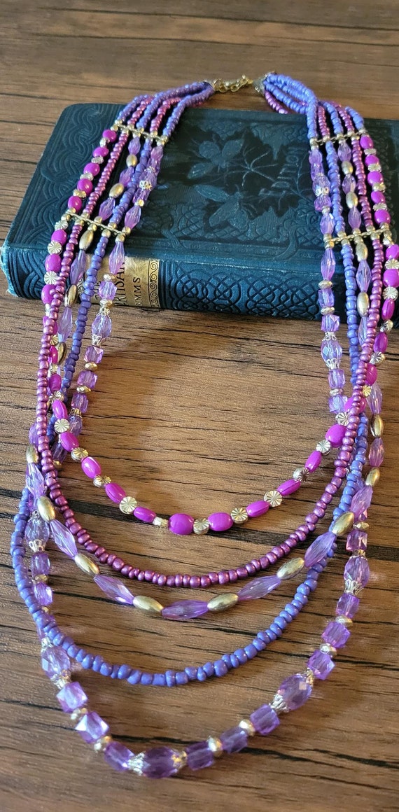 Vintage Multi Strand Beaded Necklace, Purple Neck… - image 2