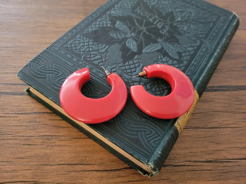 Vintage Red Hoop Earrings, Vintage Earrings, Chunky Earrings, 80s