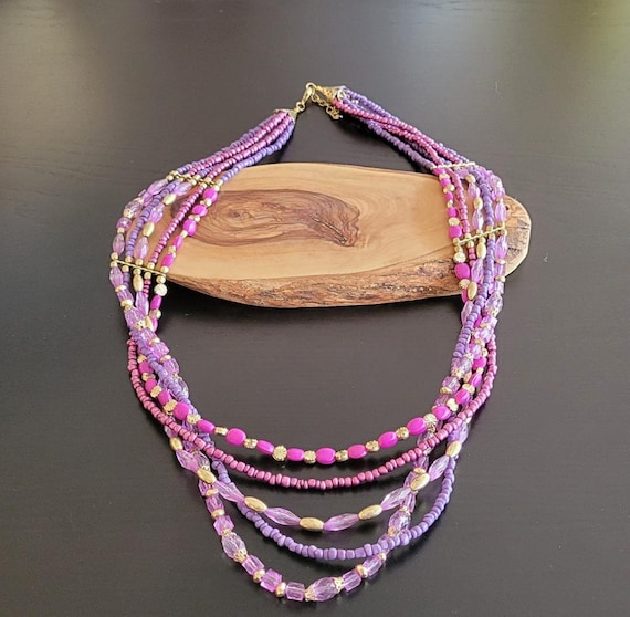 Vintage Multi Strand Beaded Necklace, Purple Neck… - image 1