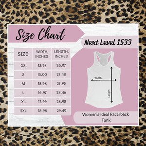 May include: Size chart for a women's racerback tank top, showing measurements in inches for sizes XS to 2XL. The chart includes width and length measurements for each size.