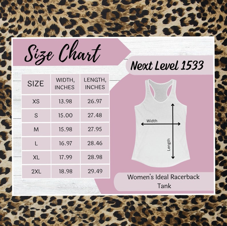 May include: Size chart for a women's racerback tank top, showing measurements in inches for sizes XS to 2XL. The chart includes width and length measurements for each size.