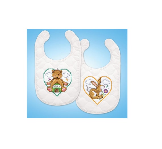 Tobin Stamped Cross Stitch Baby Bibs Kit ANIMAL HEARTS Pre Etsy