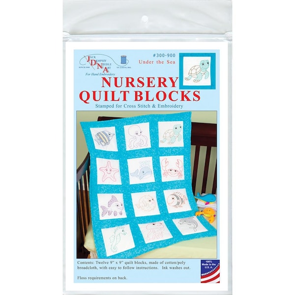 Jack Dempsey Nursery Quilt Blocks 12 Pc Stamped Cross Stitch Embroidery UNDER THE SEA 9" x 9"