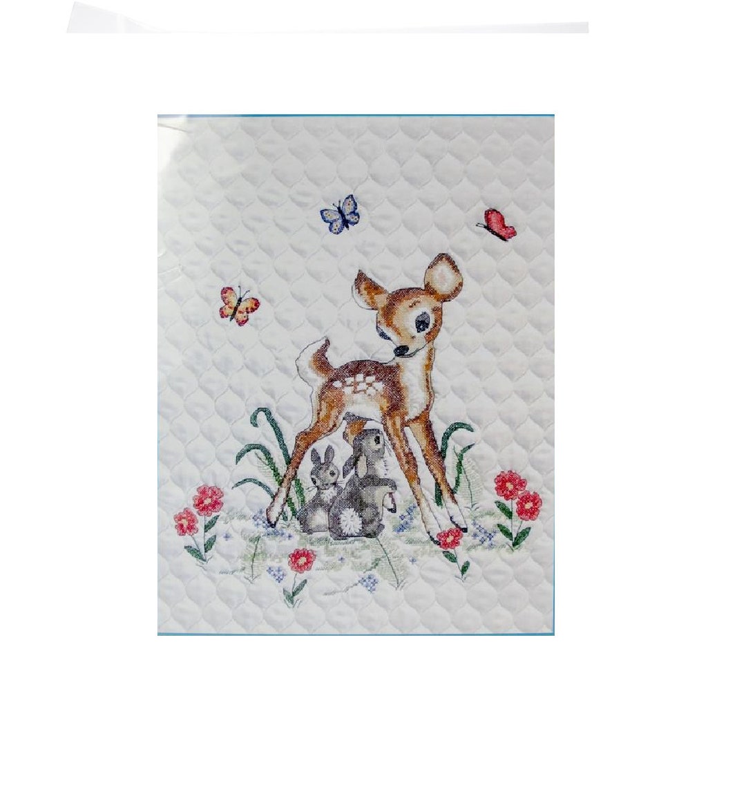 Janlynn Stamped Cross Stitch Kit Baby Quilt BABY DEER Pre Quilted and ...