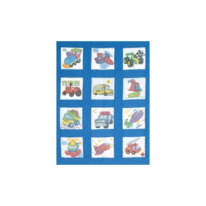 Jack Dempsey Nursery Quilt Blocks 12-teilige gestempelte Kreuzstichstickerei TRANSPORT Trucks Cars 9 &quot;x 9&quot;