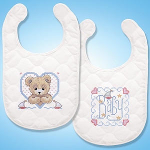 Design Works Stamped Cross Stitch Baby Bibs Kit BEDTIME PRAYER Pre Quilted and Bound Set of 2