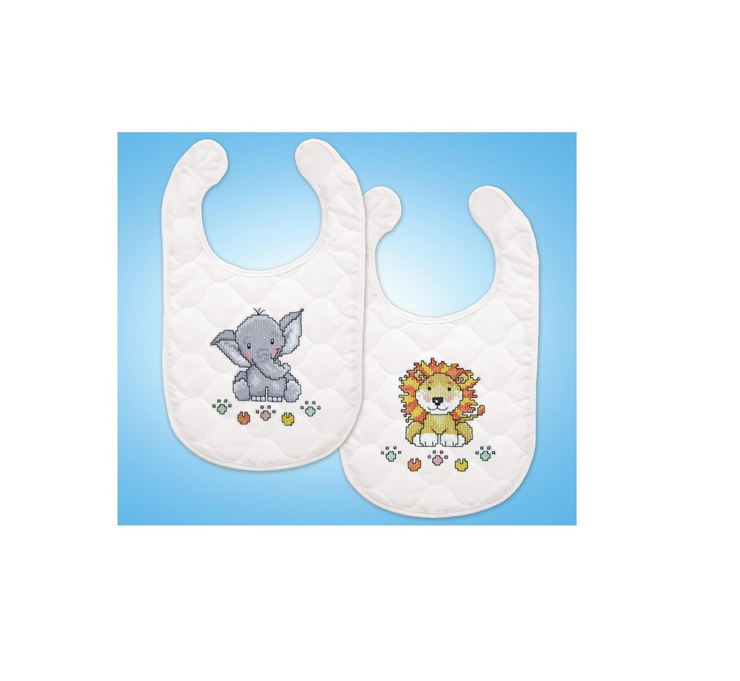 Tobin Stamped Cross Stitch Baby Bibs Kit IN THE JUNGLE Pre Quilted and