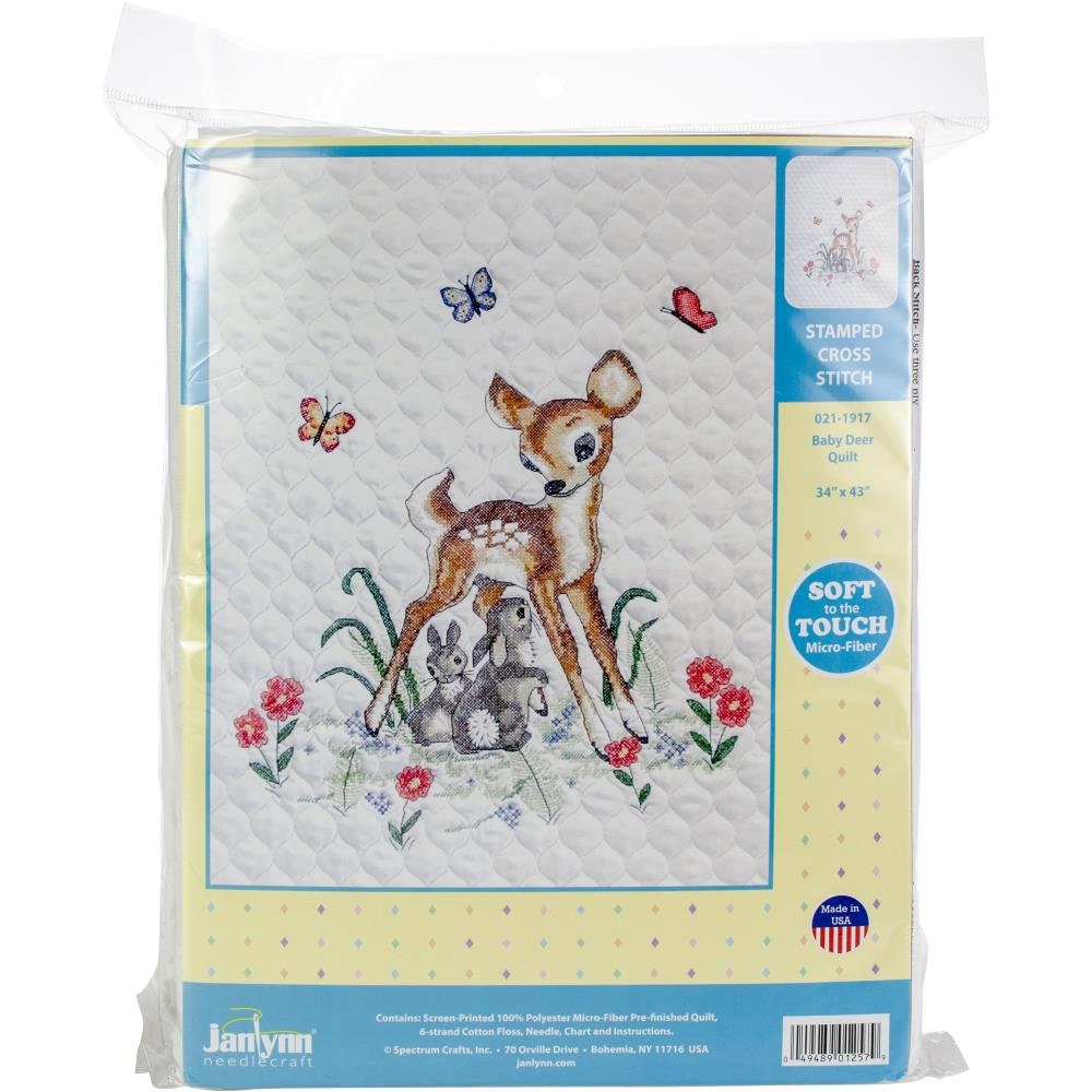 Janlynn Stamped Cross Stitch Kit Baby Quilt BABY DEER Pre Quilted and ...