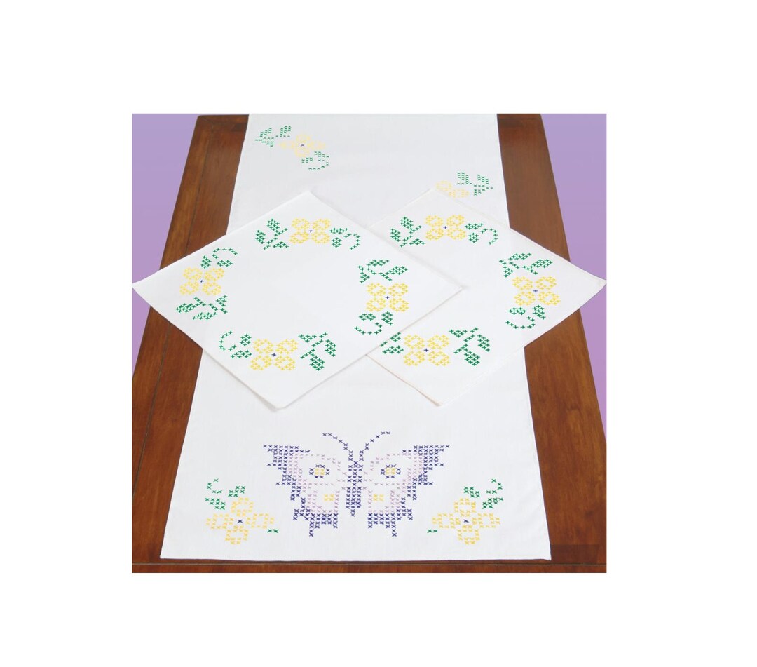 JACK Dempsey Stamped for Cross Stitch Dresser Scarf and Doily Set Table