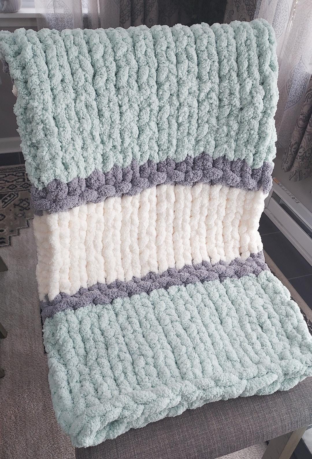36 x 53 Chunky Hand Knit Throw Blanket Afghan Handmade Chenille Multi Color Mint Green Gray and White Super Soft
