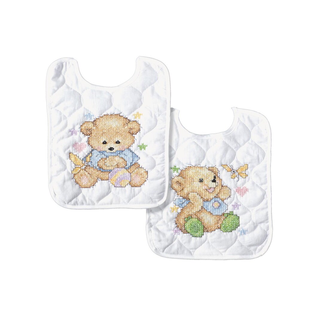Tobin Stamped Cross Stitch Baby Bibs Kit BABY BEARS Pre Quilted and