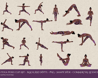 Purple Yoga Poses Clipart, 20 Poses PNG, Inclusive Skin Tones (Commercial Use)
