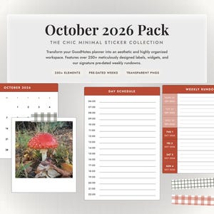 以下が含まれることがあります： October 2026 Packというタイトルのデジタルプランナーステッカーセット。カレンダー、デイリースケジュール、ウィークリーランダウン、赤いキノコの写真が含まれています。250以上の要素、日付入りの週、GoodNotes用の透過PNGファイルが含まれています。