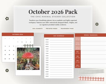 October 2026 Digital Planner Stickers, Pre-Dated Weekly Widgets & GoodNotes Elements, Minimalist Washi, Icon Badges, Transparent PNG Pack