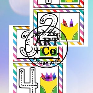 May include: Educational flashcards for preschool children. Each card features a number from one to four with directional arrows for tracing, and a crayon box. The cards have a colorful striped border.