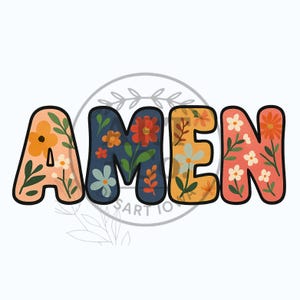 Op de afbeelding: Het woord "AMEN" in grote, kleurrijke letters. Elke letter is gevuld met bloemmotieven in oranje, blauw en wit, omlijnd in zwart. De achtergrond is wit, met een bloemenpatroon.