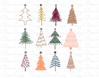May include: Twelve hand-drawn Christmas tree illustrations in various styles and colours. The trees are outlined in black and filled with different patterns and colours, including green, red, brown, pink, and gold.