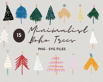 Boho Christmas Trees png Clip Art | Digital Download | Modern Christmas Trees | Hand Drawn Holiday ClipArt | Retro CHRISTMAS TREE PNG bundle